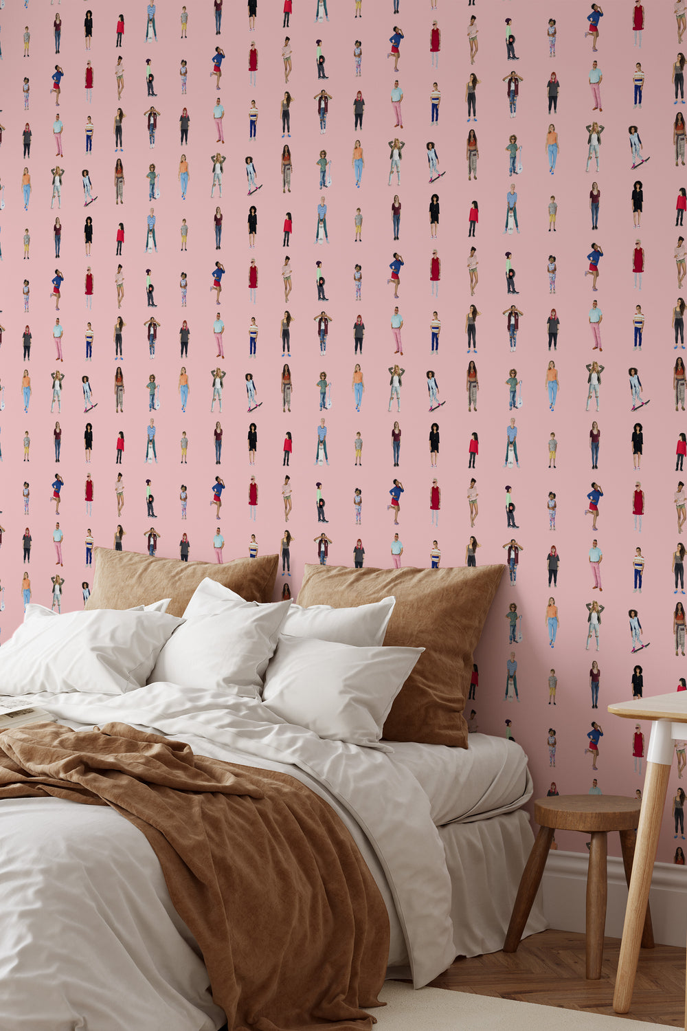 Bedroom with soft pink playful cutout character wallpaper and modern neutral decor