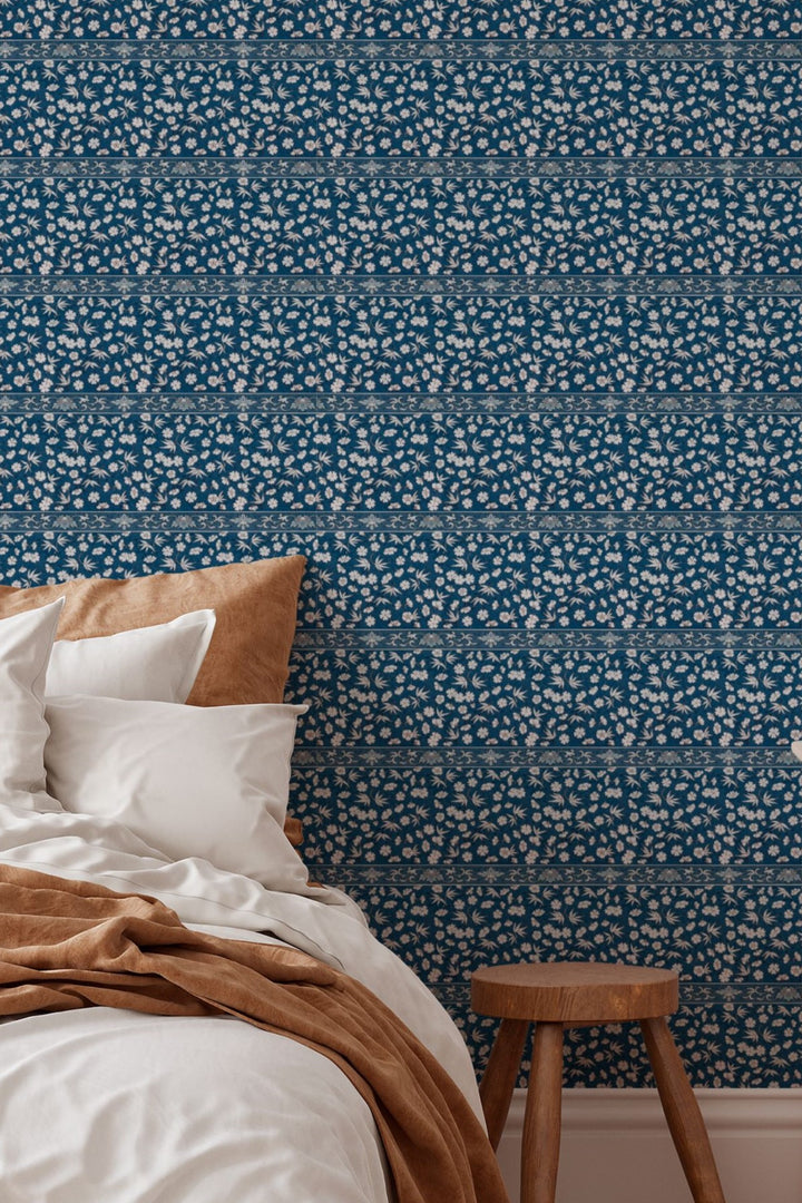 Indigo Floral Stripe Wallpaper Traditional Botanical Design 3765