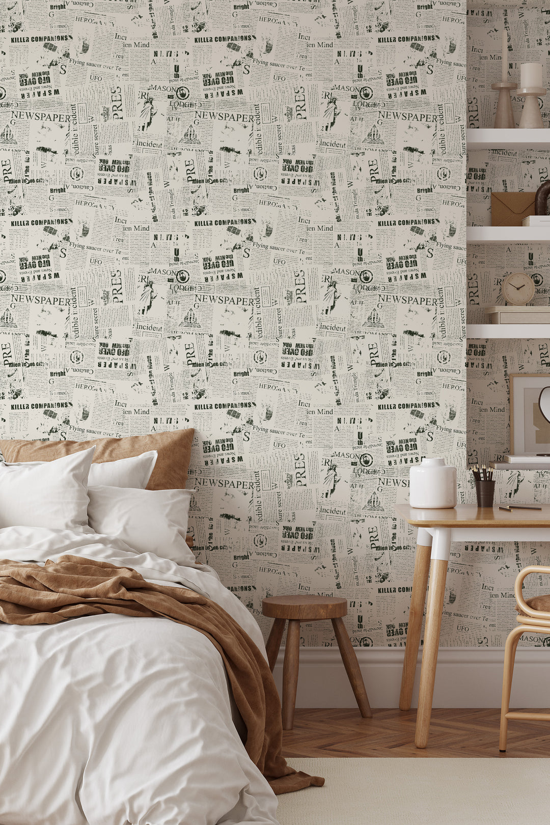 Bedroom with vintage newspaper collage wallpaper in black and white print and modern neutral decor
