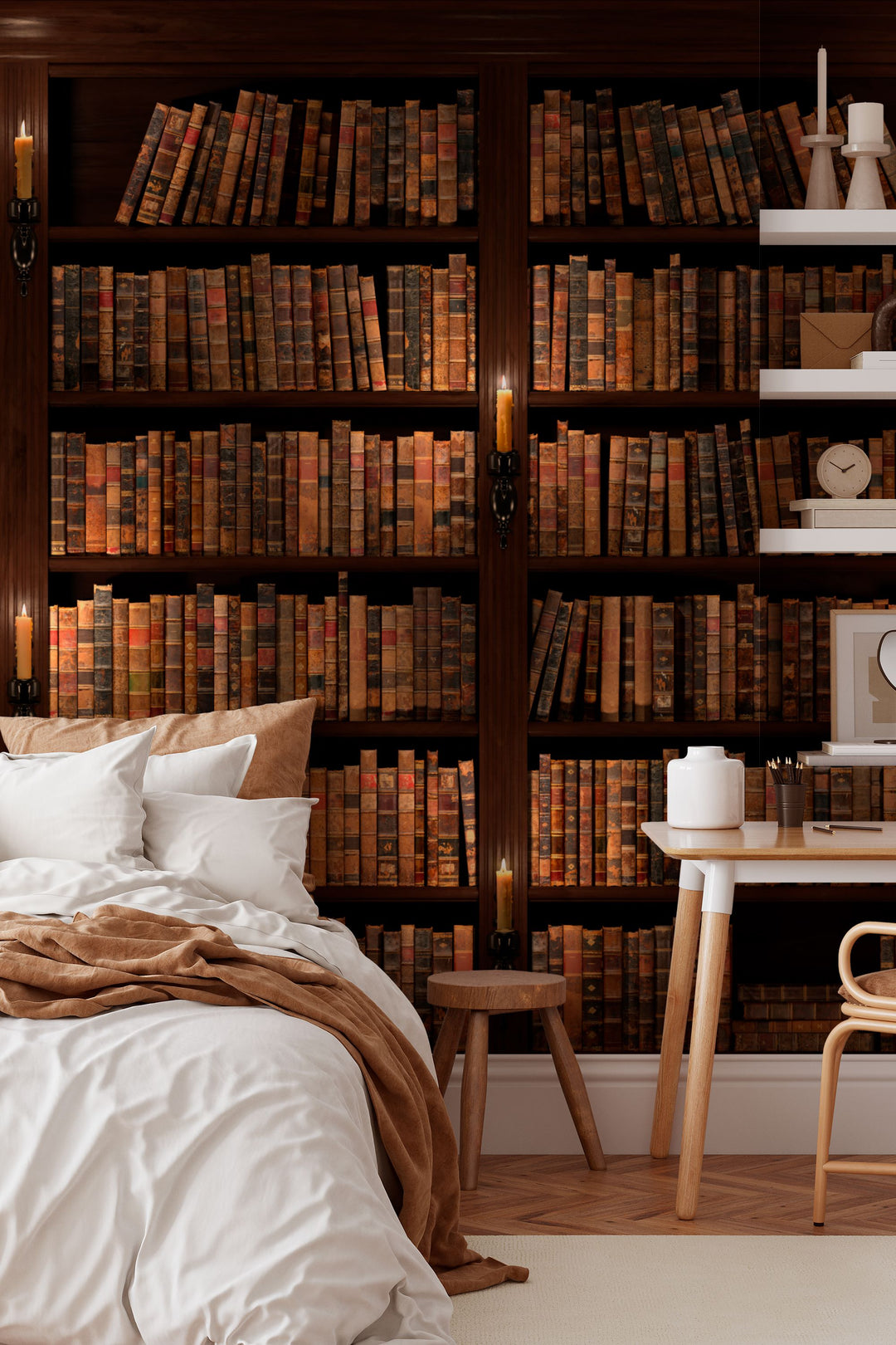 Wallpaper for walls Library bookshelf filled with old books in a dimly lit room.