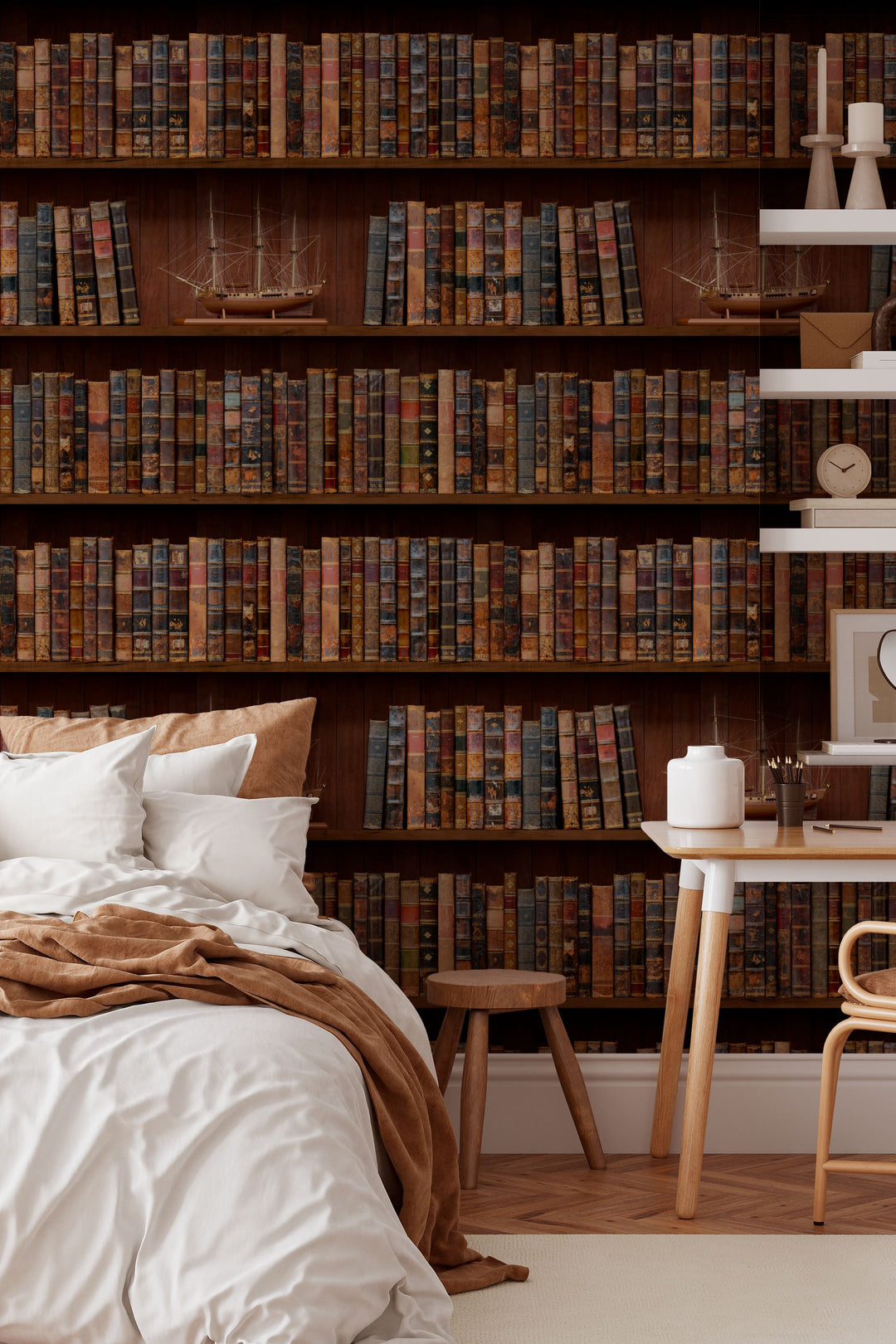 Wallpaper Shelves filled with books and model ships in a library setting
