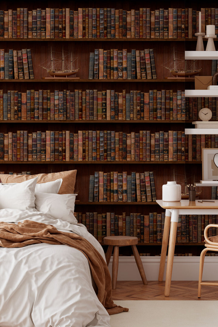 Wallpaper Shelves filled with books and model ships in a library setting