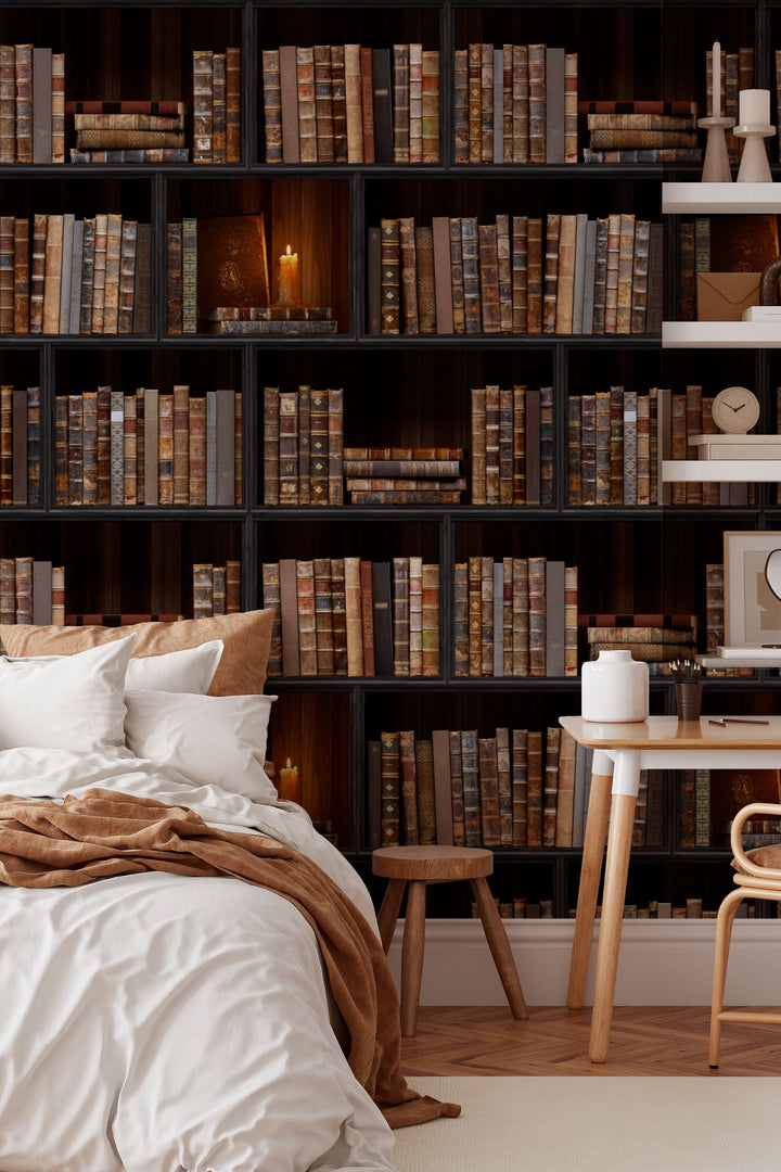 Vintage Library Panel Wallpaper with Candlelight – Framed Bookshelf 3785