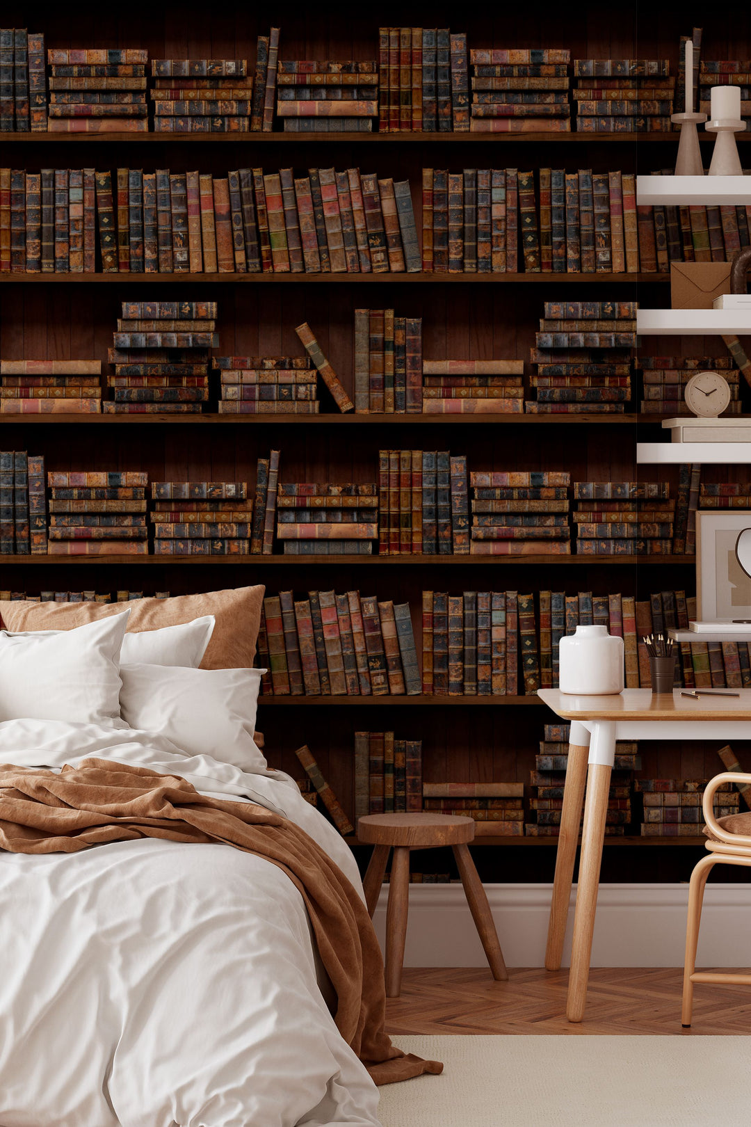 Bookshelf filled with vintage books in a dark setting