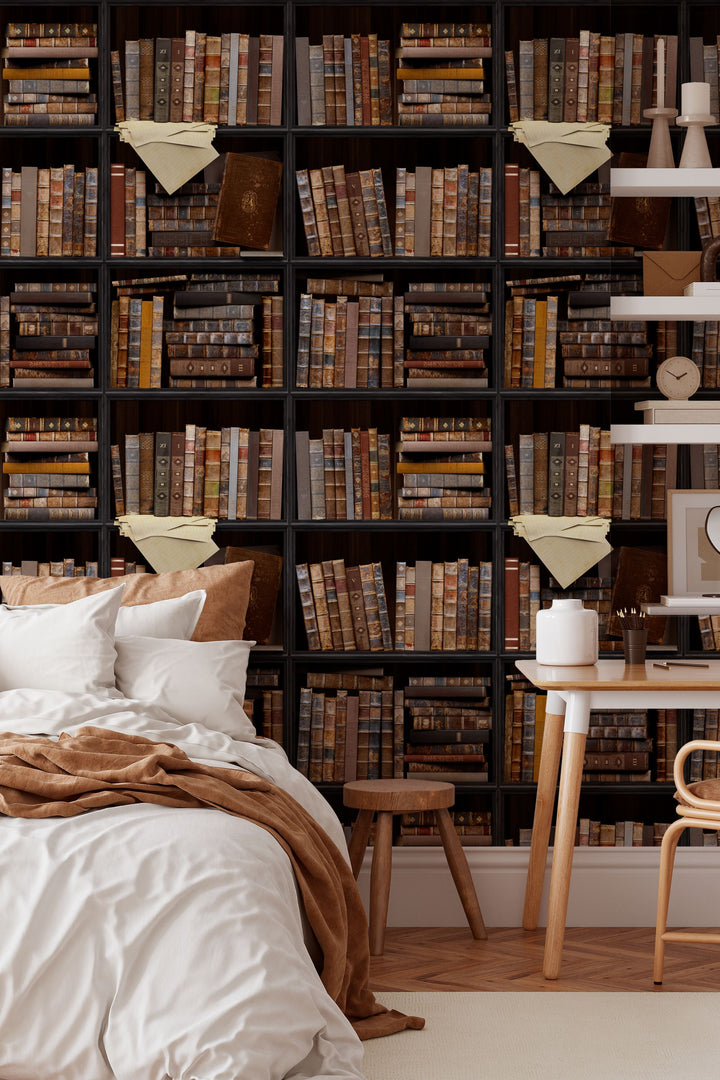 Wall with a pattern of books and triangular flags