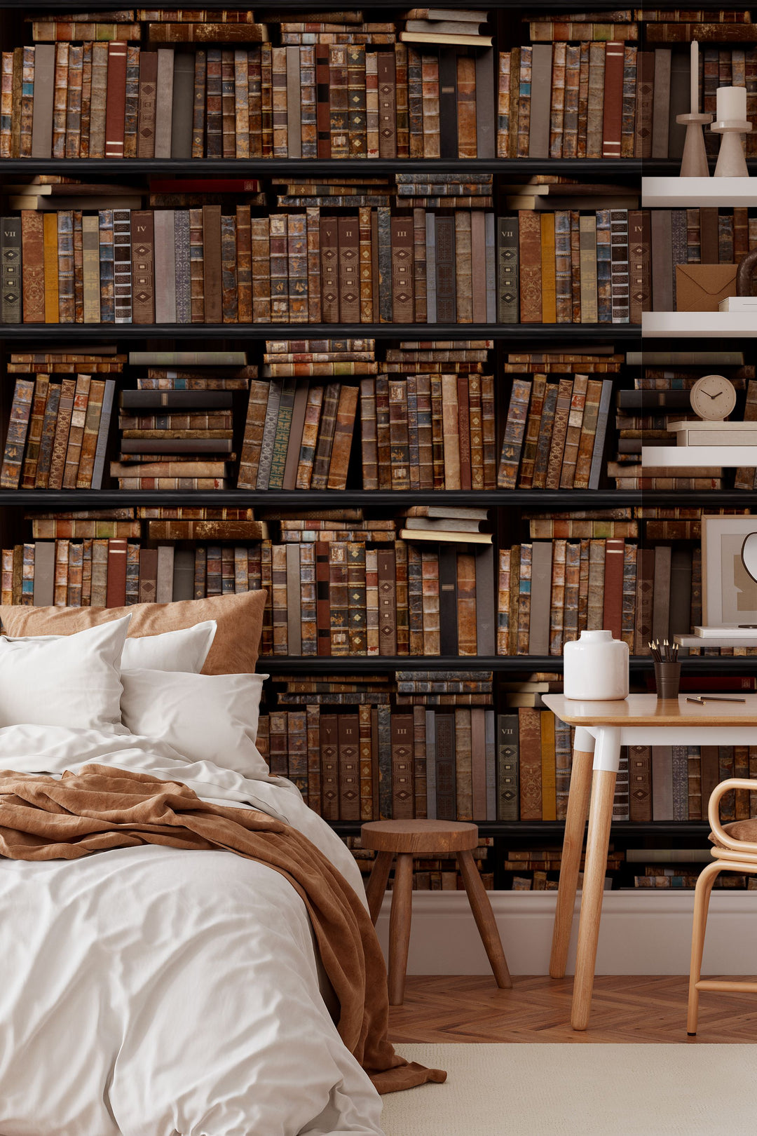 Shelves filled with books of various sizes and colors.