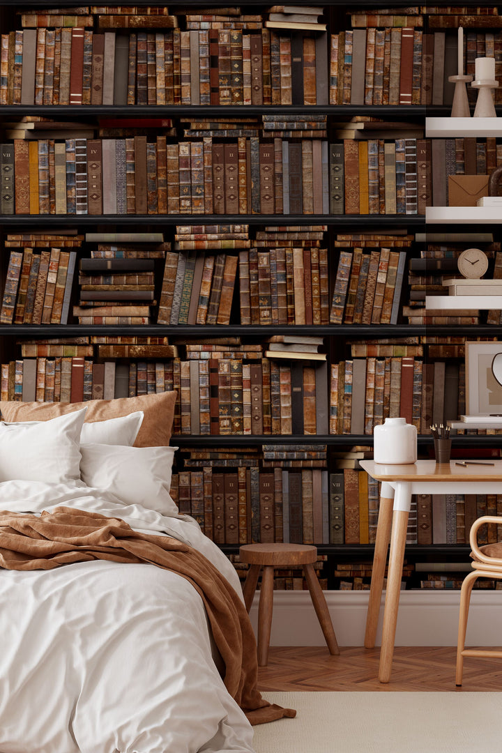 Shelves filled with books of various sizes and colors.