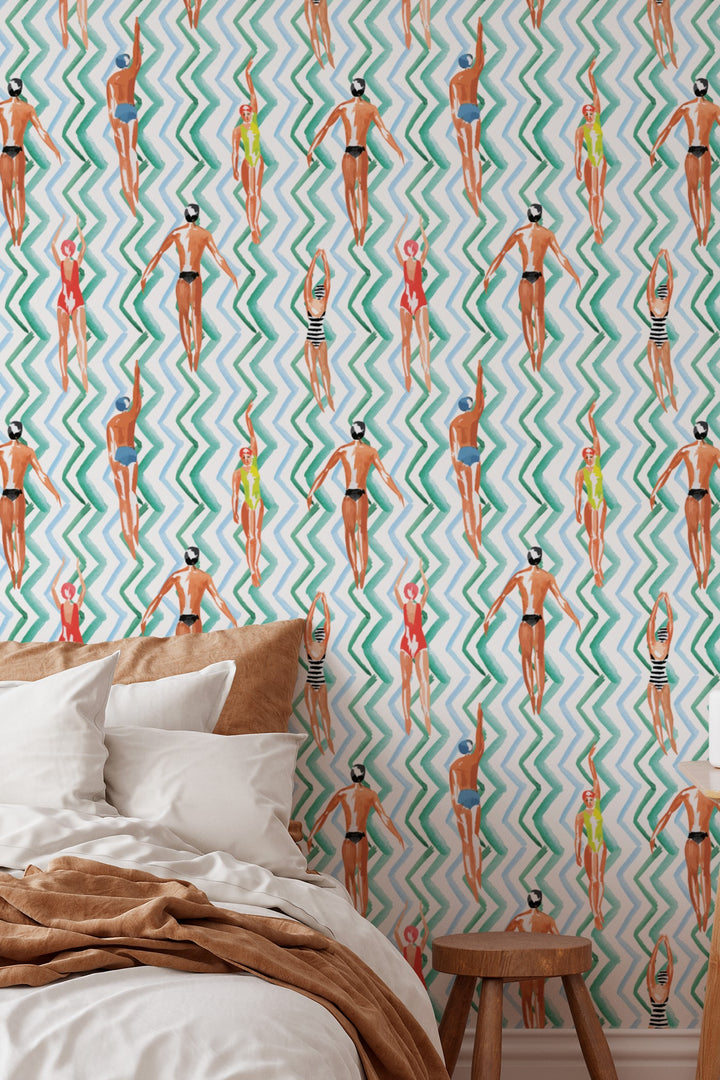 Vintage Swimmers Waves Wallpaper  Retro Poolside Pattern 3790