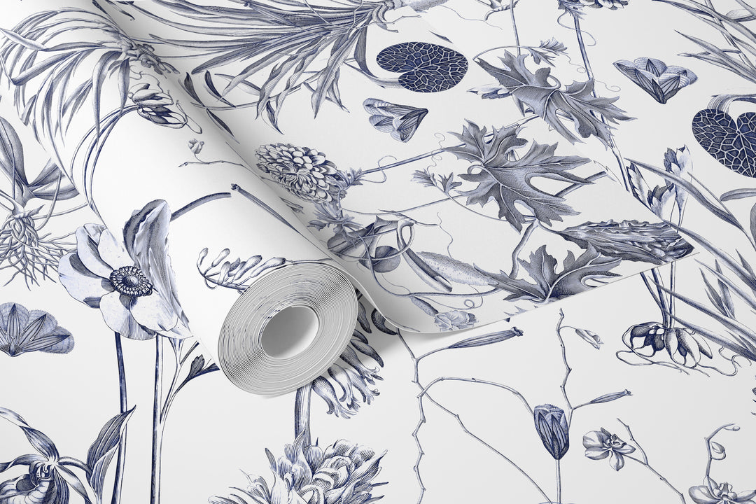 Roll of white botanical floral wallpaper with navy blue illustrated flowers and leaves