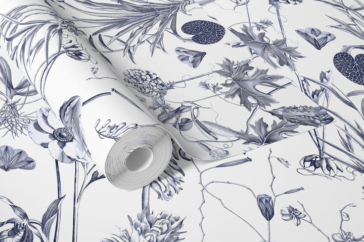Roll of white botanical floral wallpaper with navy blue illustrated flowers and leaves