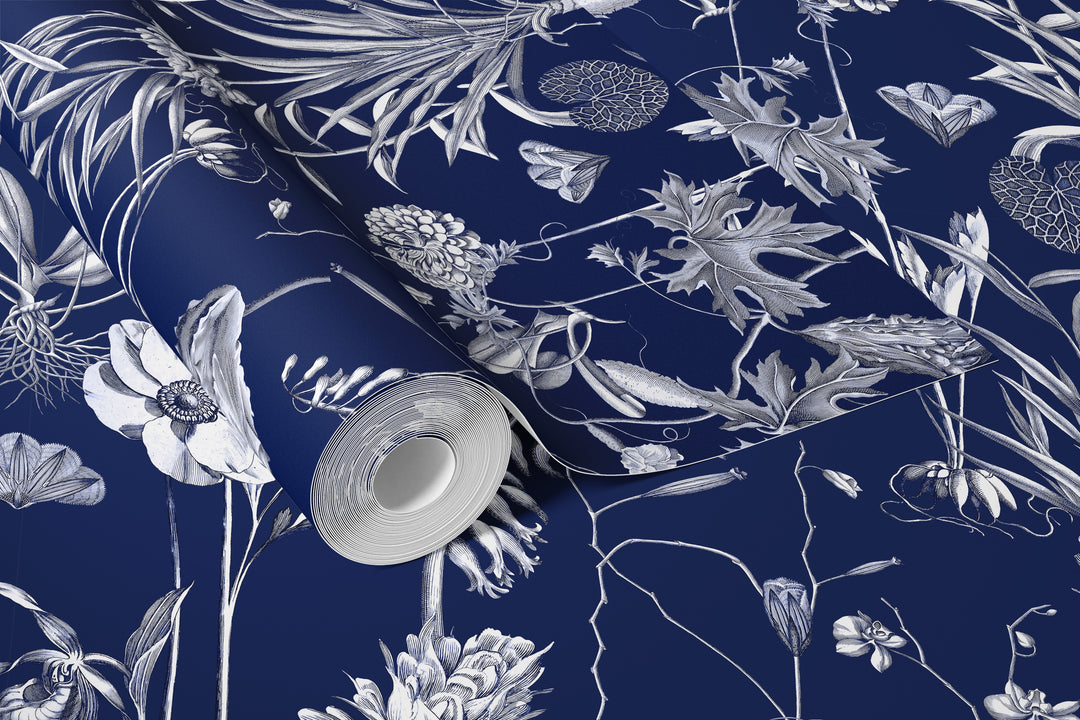 Roll of navy blue botanical floral wallpaper with white illustrated flower and leaf design