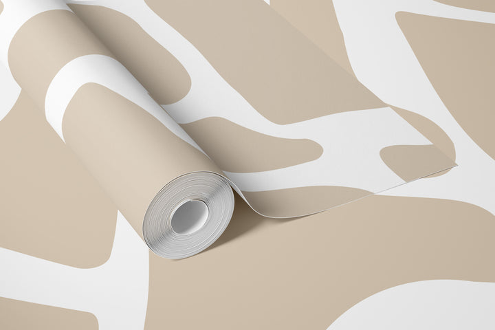 Roll of beige and white abstract stone wallpaper with soft curved pattern