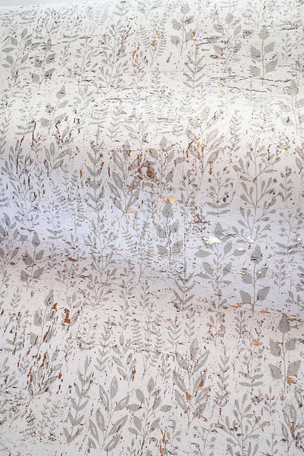 Natural cork wallpaper with botanical herb pattern in soft gray and sage tones and gold metallic details 73305.