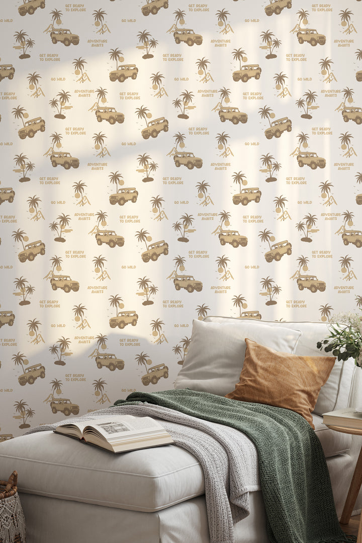 Neutral safari jeep wallpaper with brown adventure illustrations in a cozy bedroom with white couch and modern decor