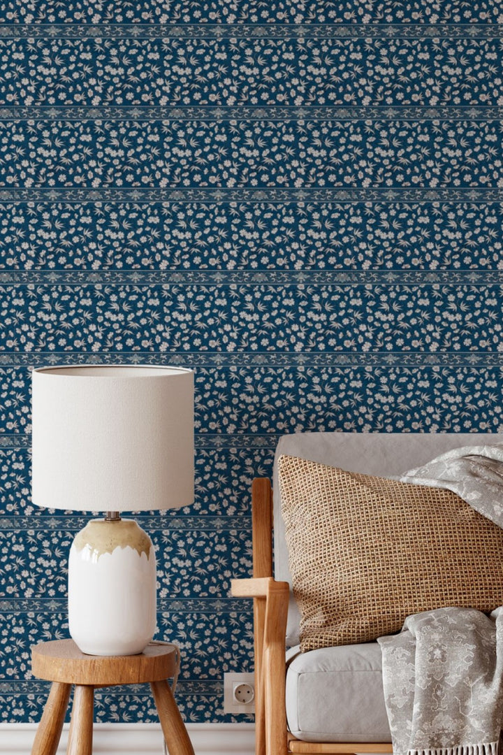Indigo Floral Stripe Wallpaper Traditional Botanical Design 3765