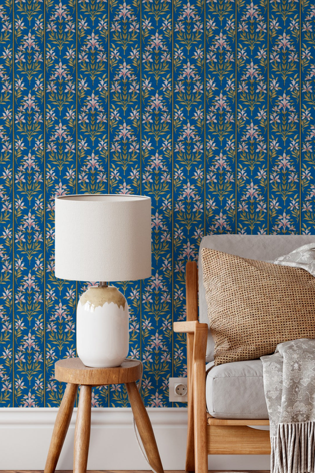 Blue Floral Stripe Wallpaper Elegant Botanical Vine 3772