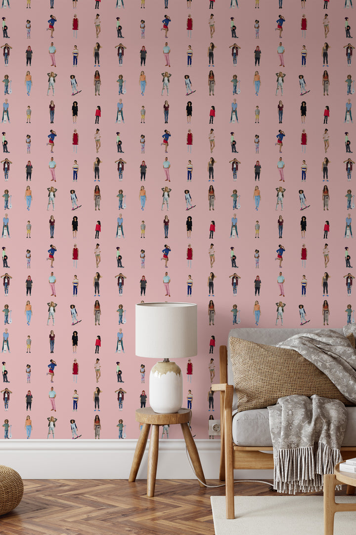 Living room with soft pink cutout people wallpaper, playful character pattern, wooden chair, and modern decor