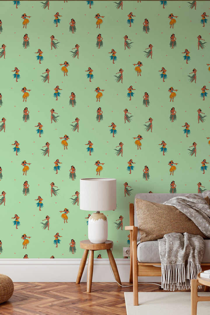 Hawaiian Dancers On Light Green Background 3712