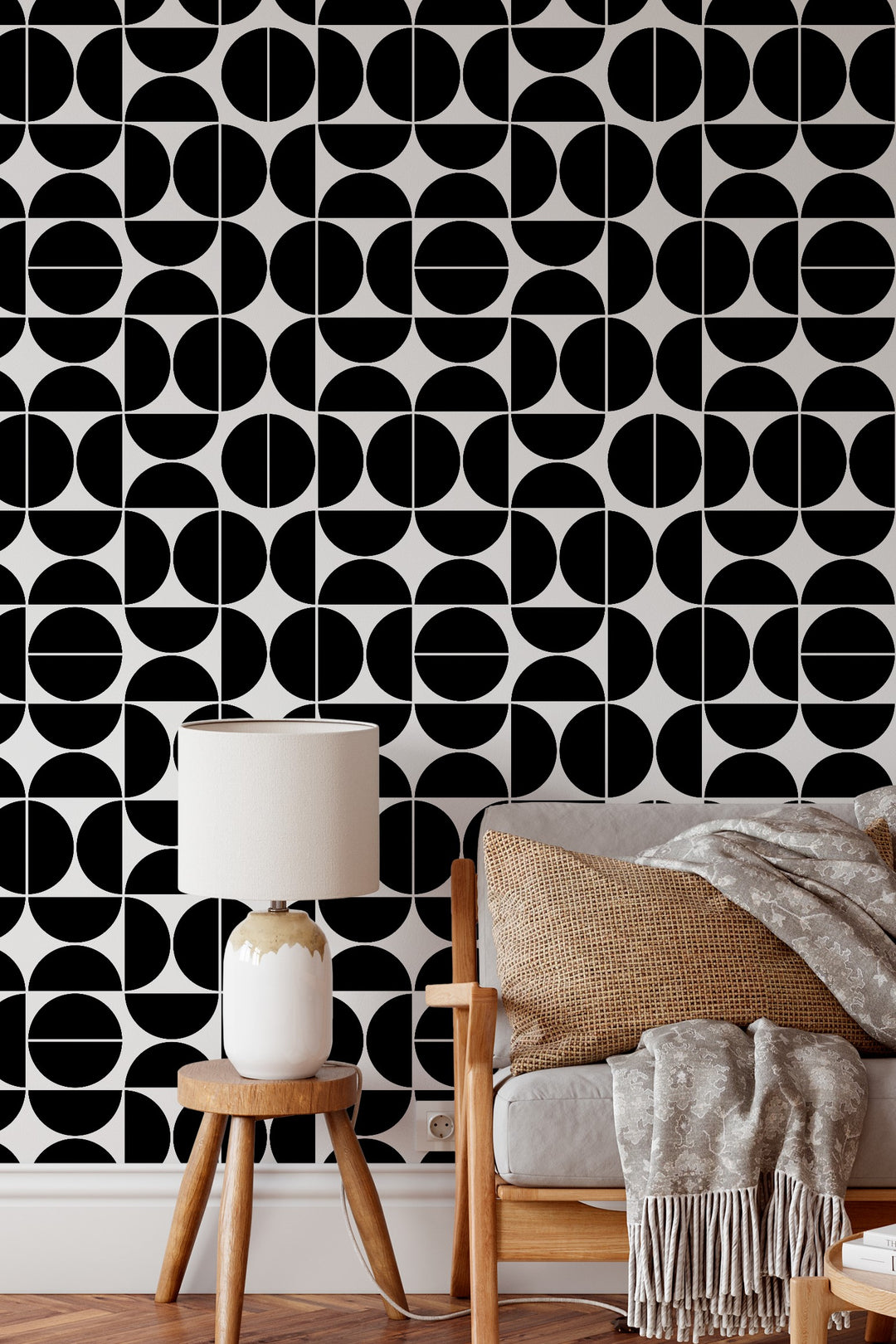 Modern Geometric Circle Wallpaper  Mid Century Half Moon Black 3762