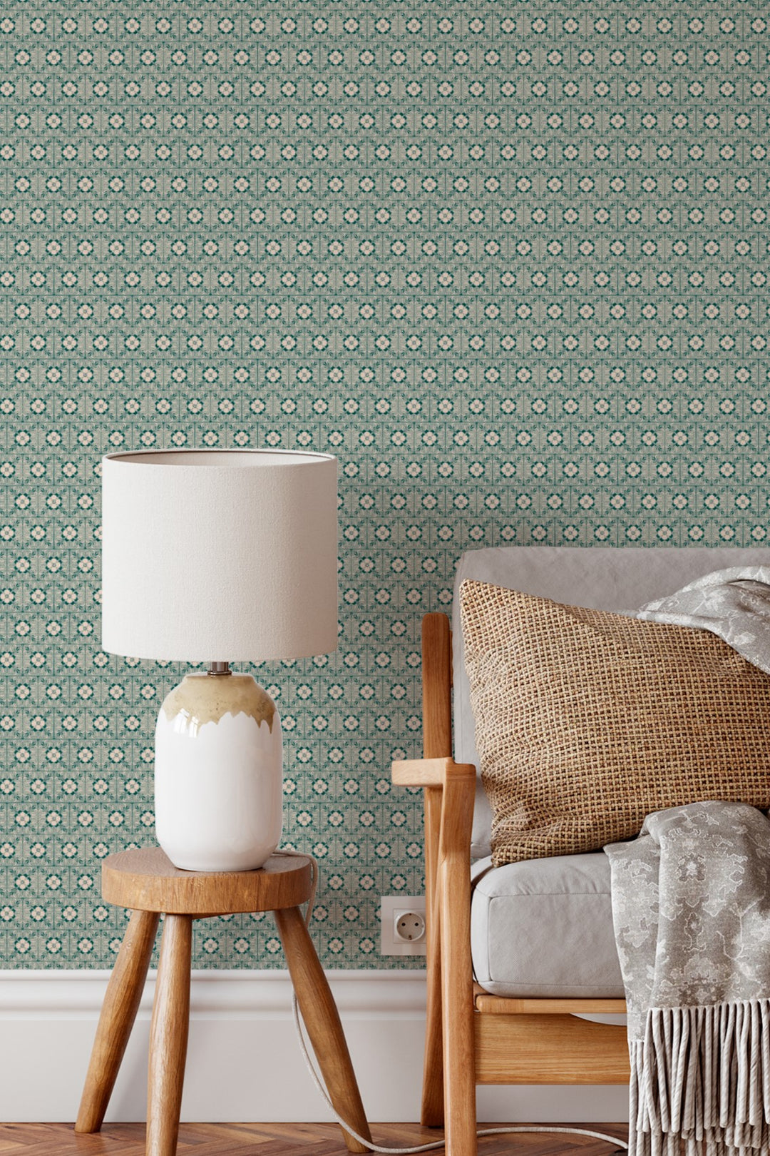 Mini Floral Tile Wallpaper Soft Green Geometric 3766