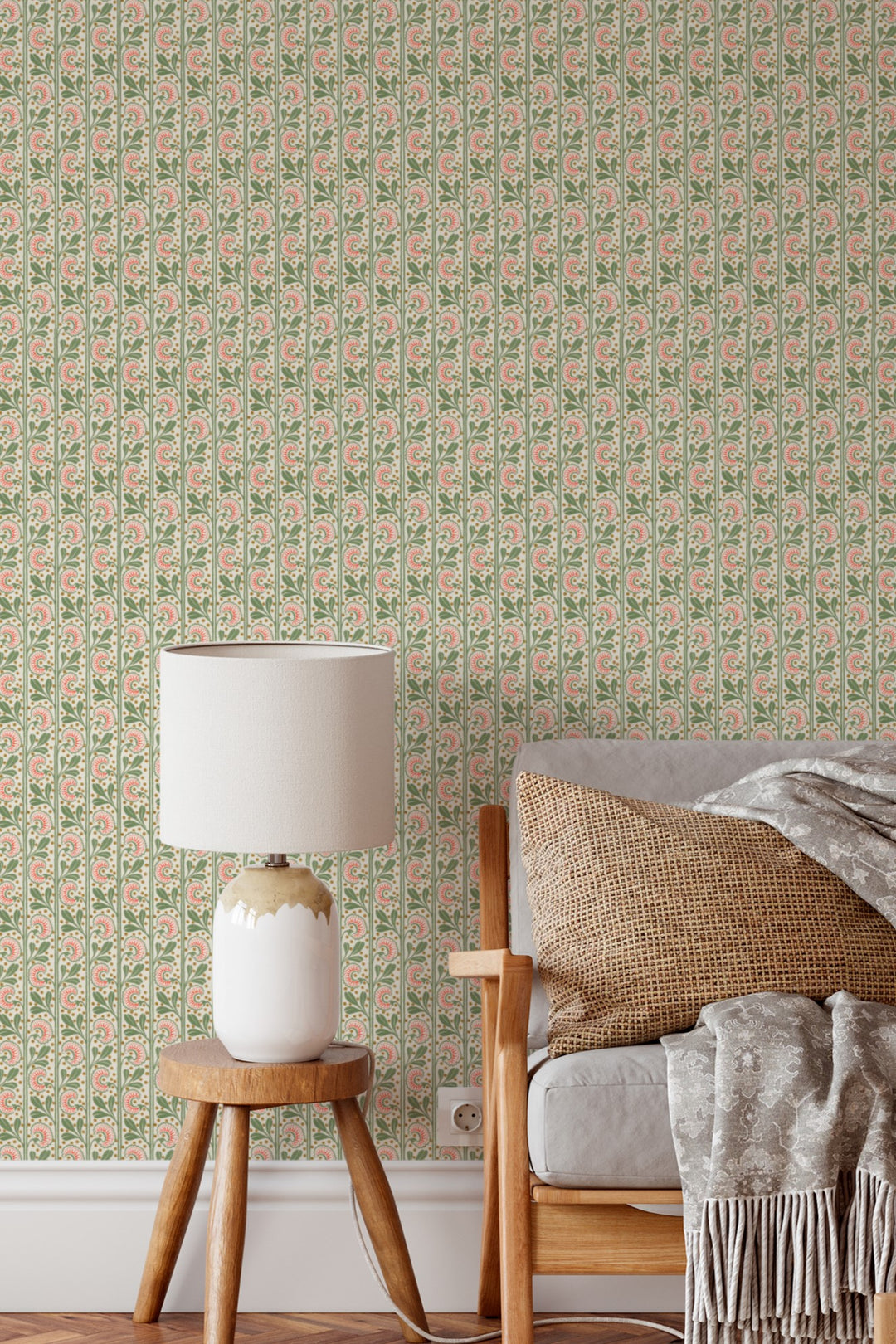 Vertical Botanical Stripe Wallpaper  Delicate Floral Vine 3773
