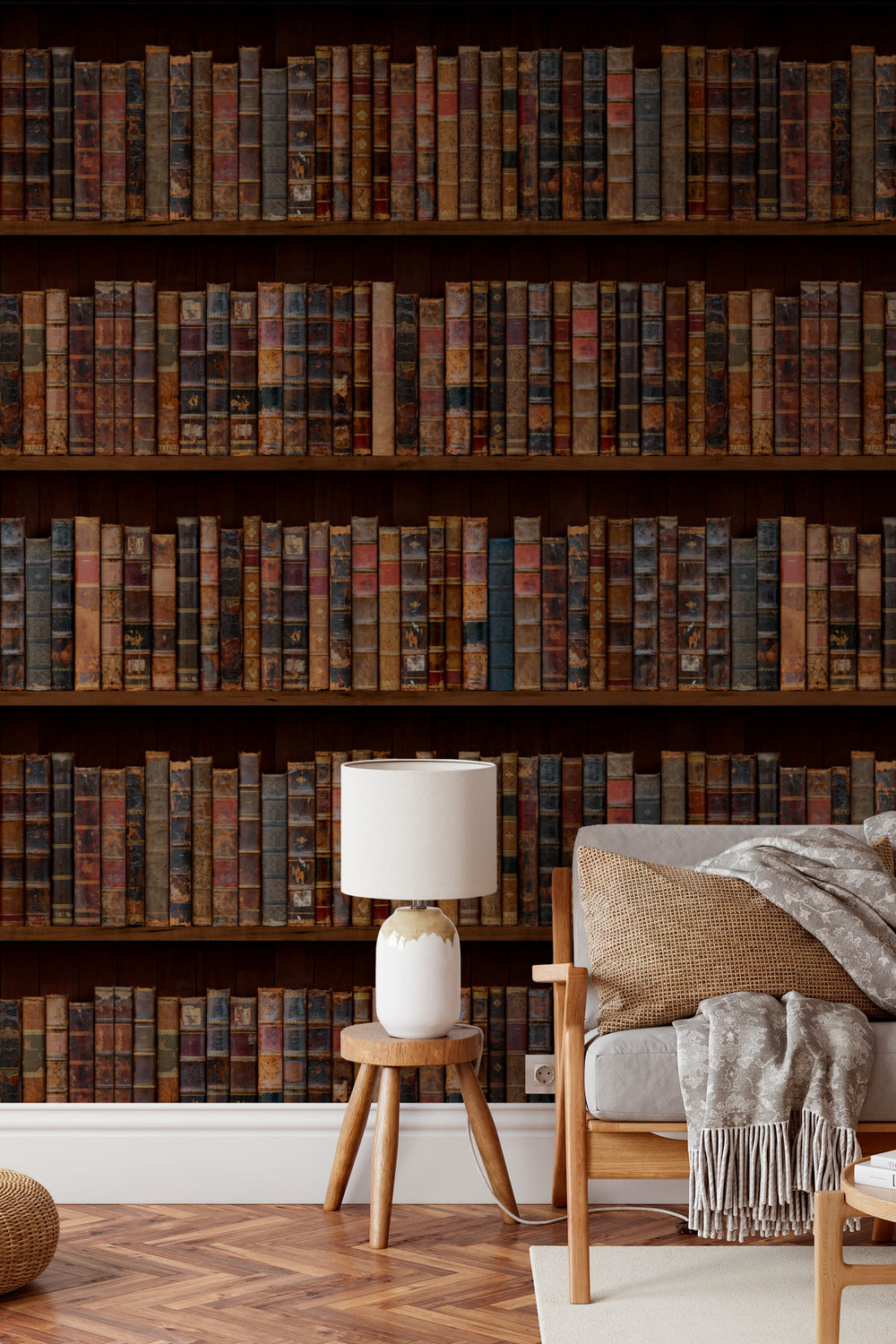 wallpaper for wlls murals Shelves filled with vintage books with worn leather bindings