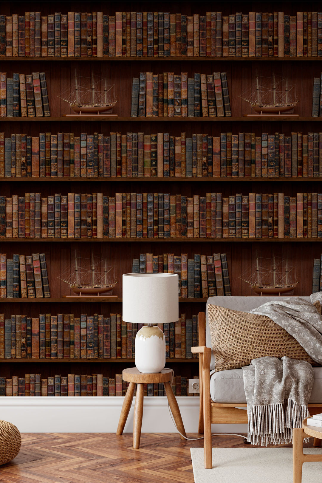 Wallpaper Shelves filled with books and model ships in a library setting