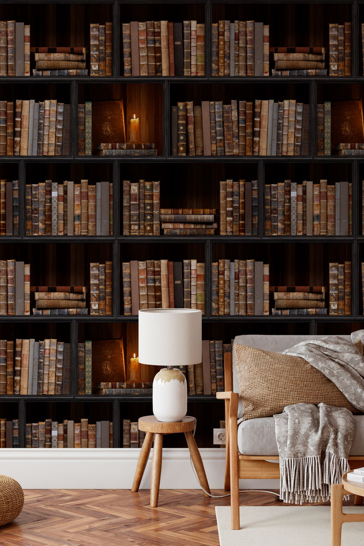 Vintage Library Panel Wallpaper with Candlelight – Framed Bookshelf 3785