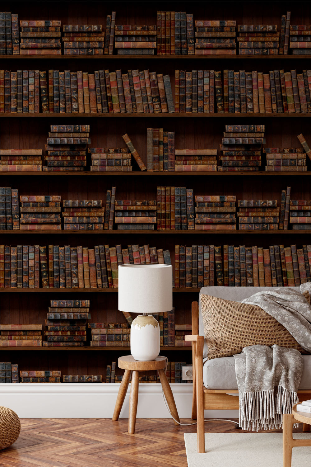 Bookshelf filled with vintage books in a dark setting