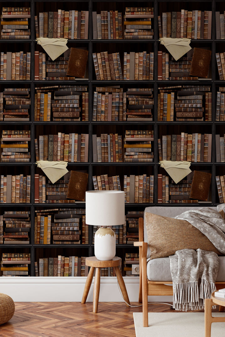 Wall with a pattern of books and triangular flags