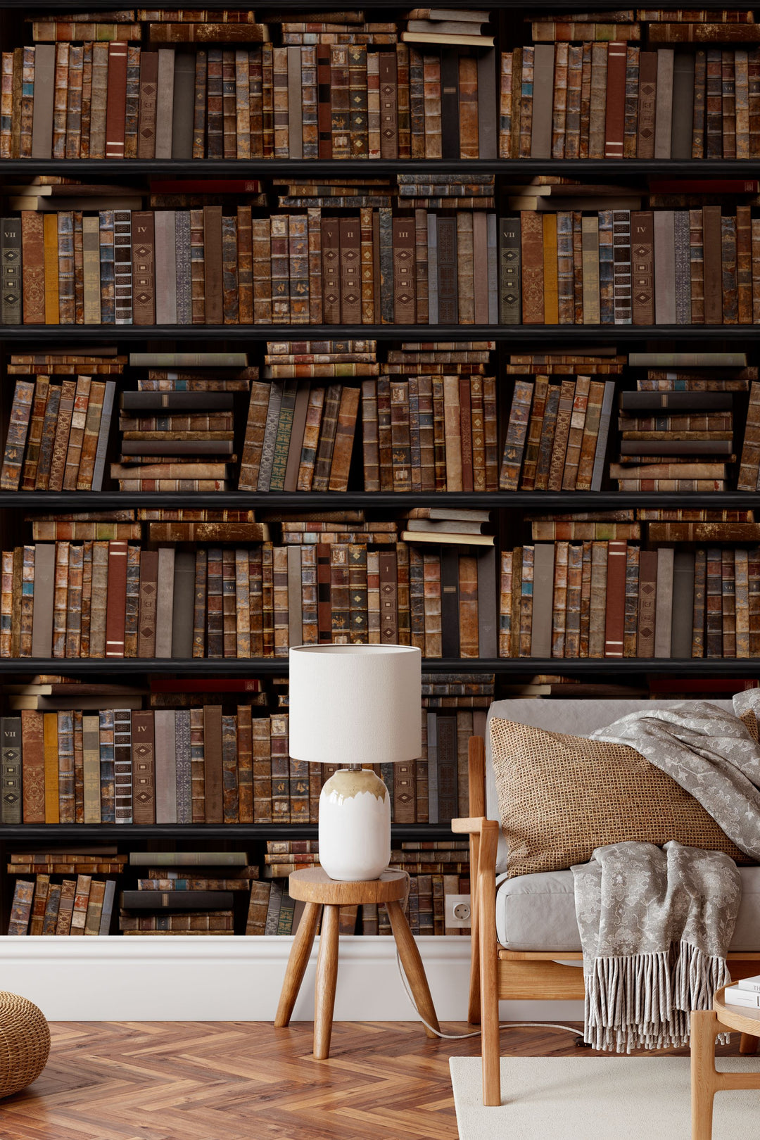 Shelves filled with books of various sizes and colors.