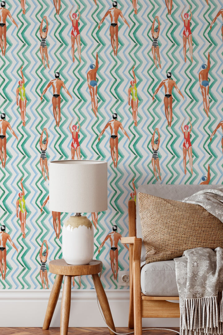 Vintage Swimmers Waves Wallpaper  Retro Poolside Pattern 3790