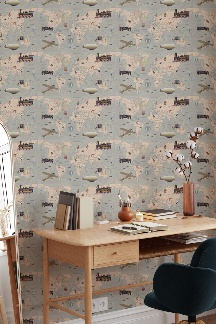 Neutral world map wallpaper with vintage travel illustrations, airplanes, hot air balloons, and adventure details in a modern home office