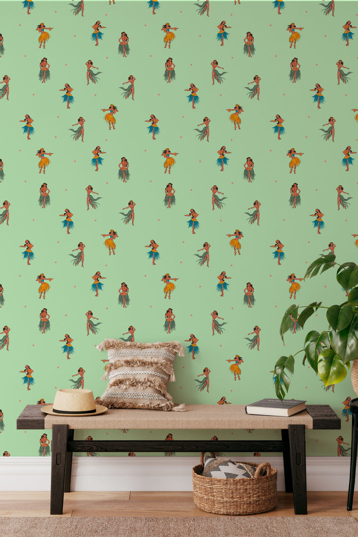 Hawaiian Dancers On Light Green Background 3712