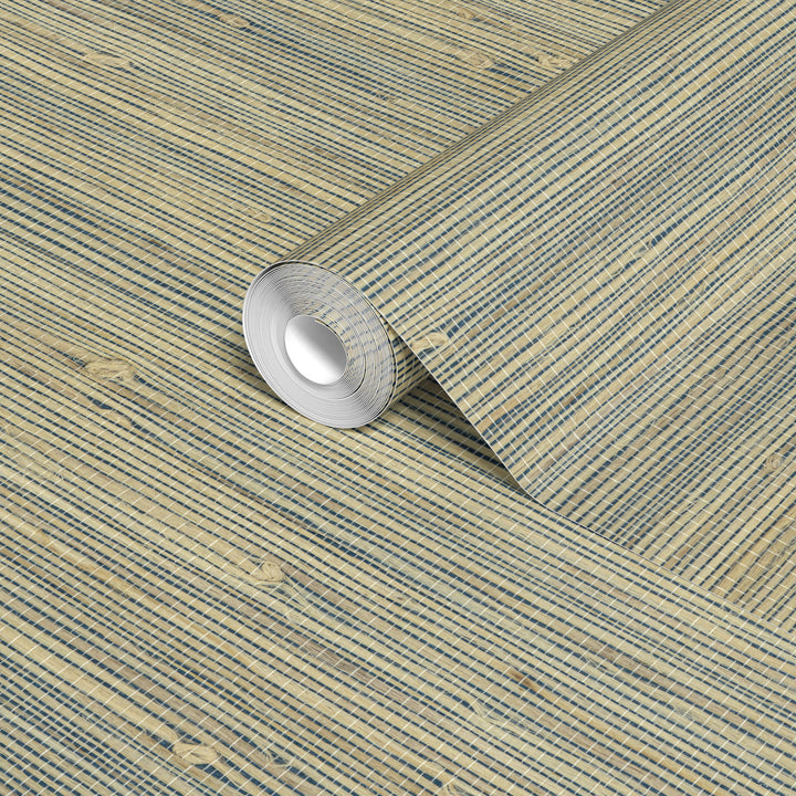 Roll of Warm Beige Faux Hemp wallpaper featuring a natural woven texture and subtle linear pattern