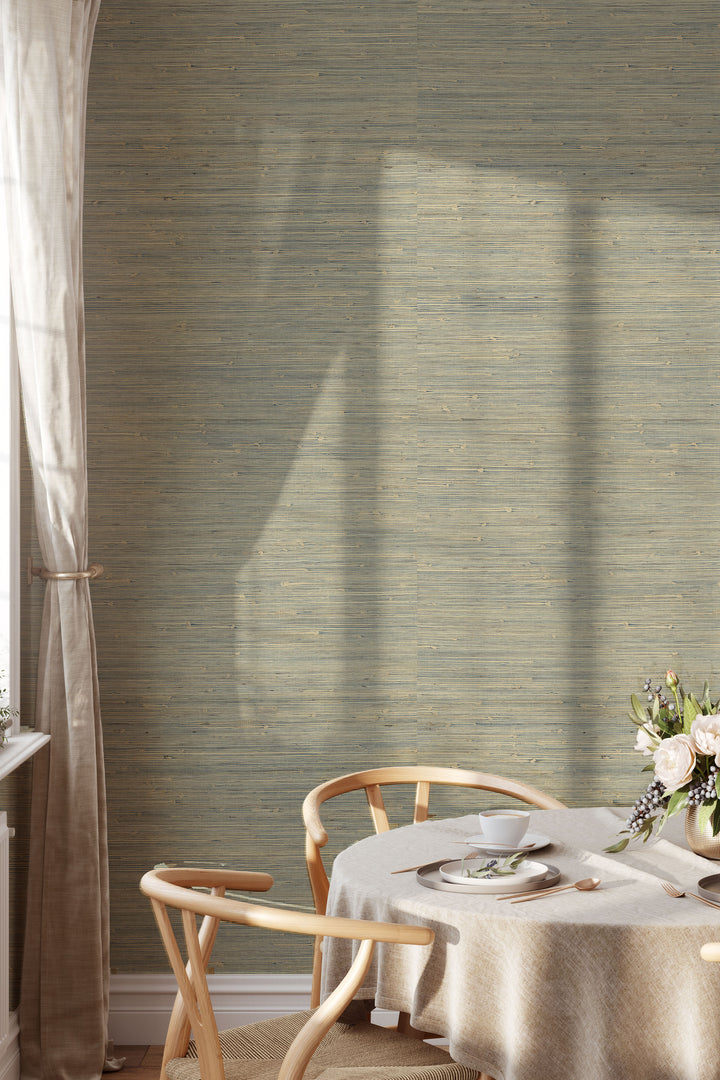 Dining area with round table, woven chairs, linen tablecloth, and decorative flowers on Warm Beige Woven Design wallpaper