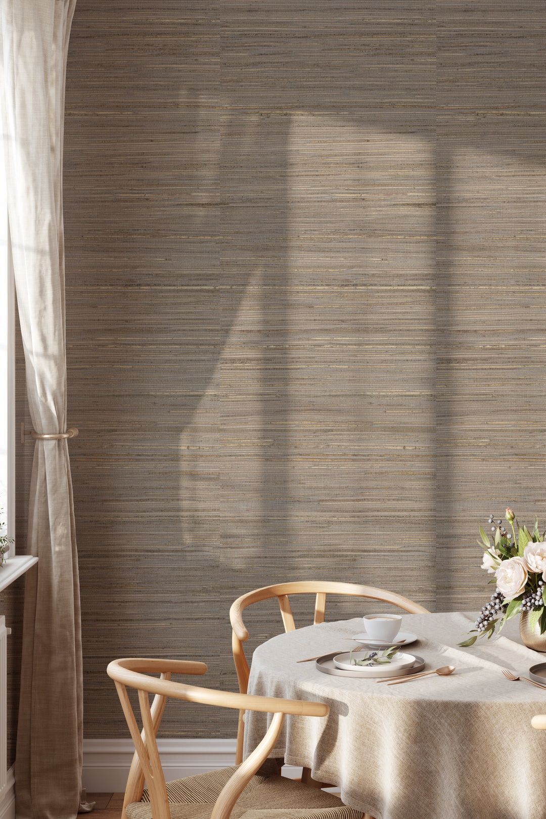 Dining area with round wooden table, curved chairs, linen table setting, floral centerpiece, and soft window light on Faux Hemp Wallpaper in Wood-Inspired Woven Texture.