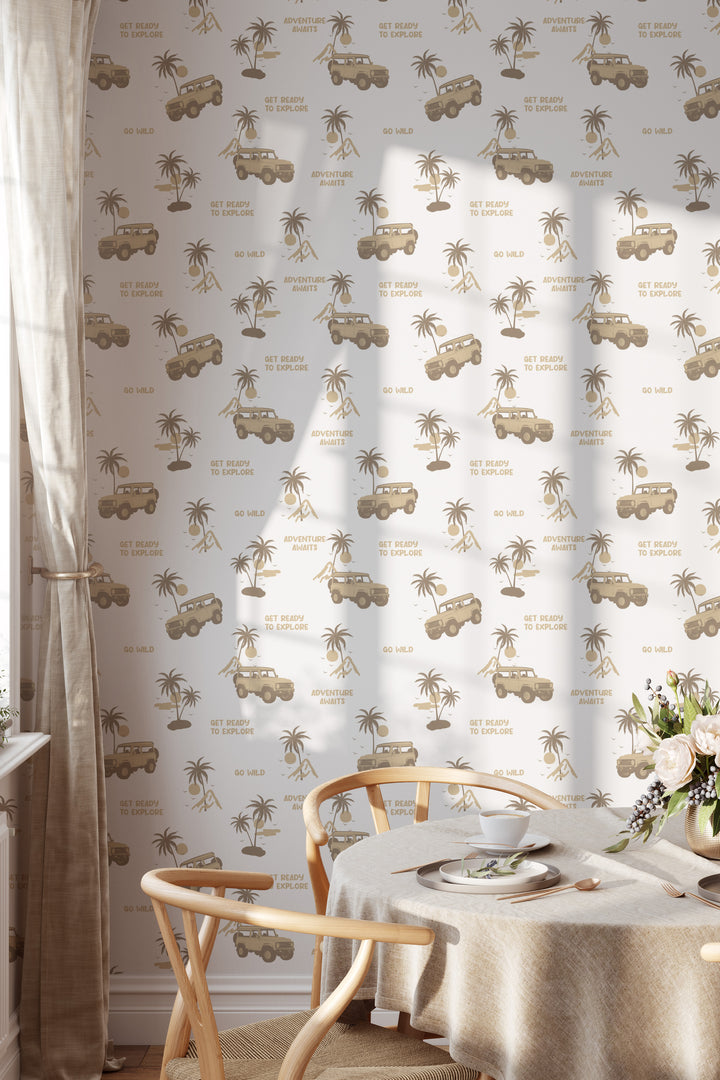 Neutral safari jeep wallpaper with brown adventure illustrations in a bright dining room with rattan chairs and round table