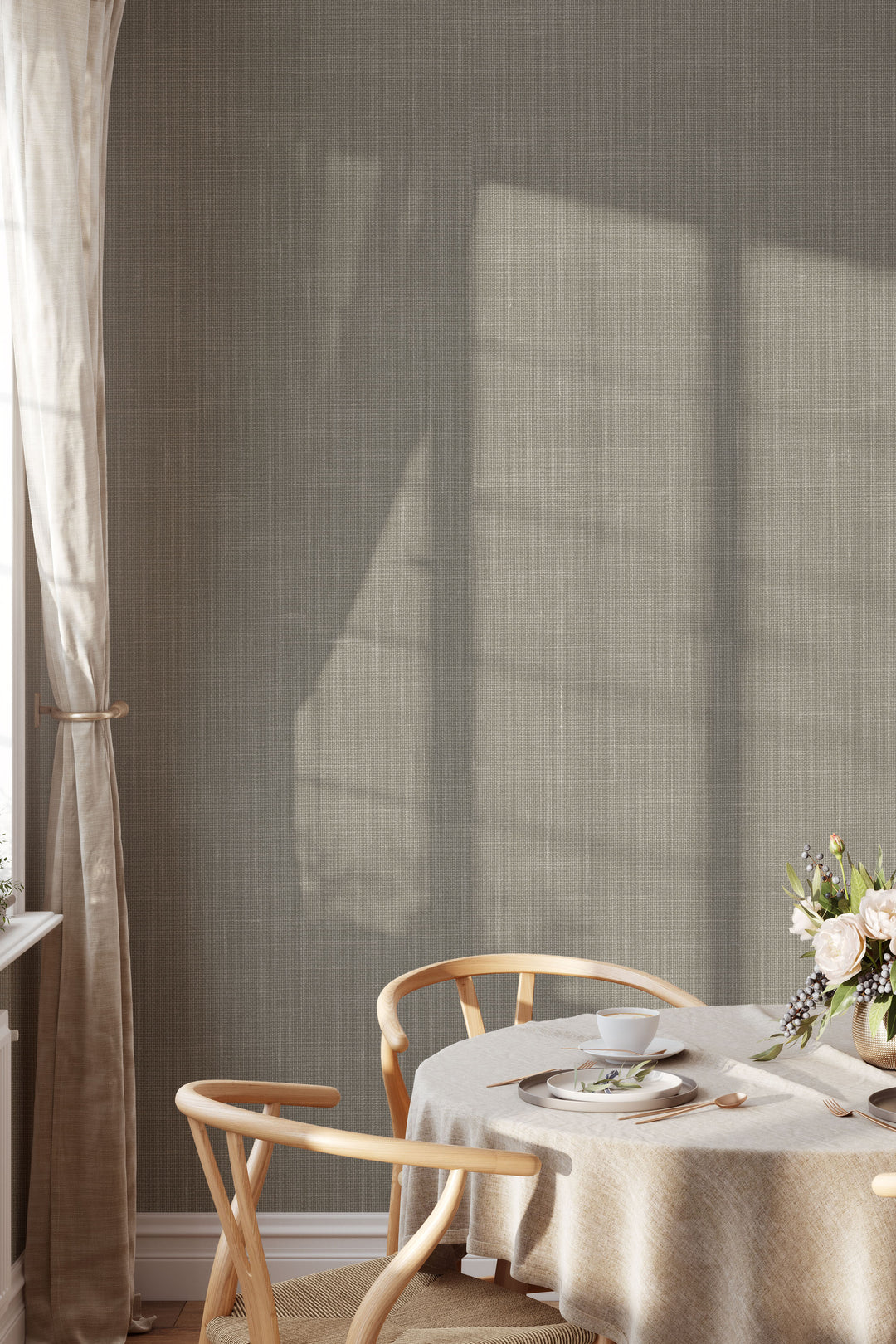 Faux Jute Wallpaper 75108 with soft taupe woven linen texture and neutral grasscloth appearance.