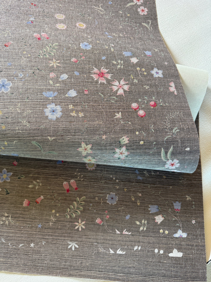 Wildflower Sisal Wallpaper 93682 featuring delicate floral and botanical motifs printed on natural gray sisal.