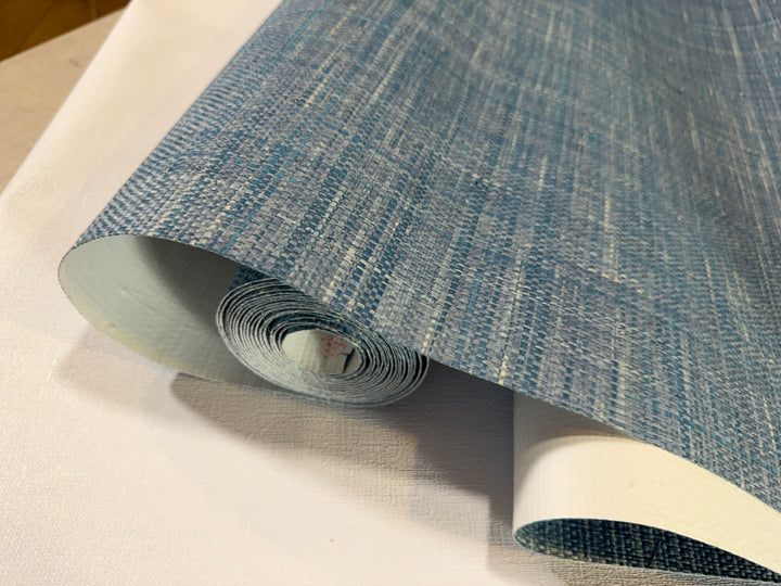 Natural Grasscloth Raffia rough Wallpaper Natural fibers in Blue color 45026