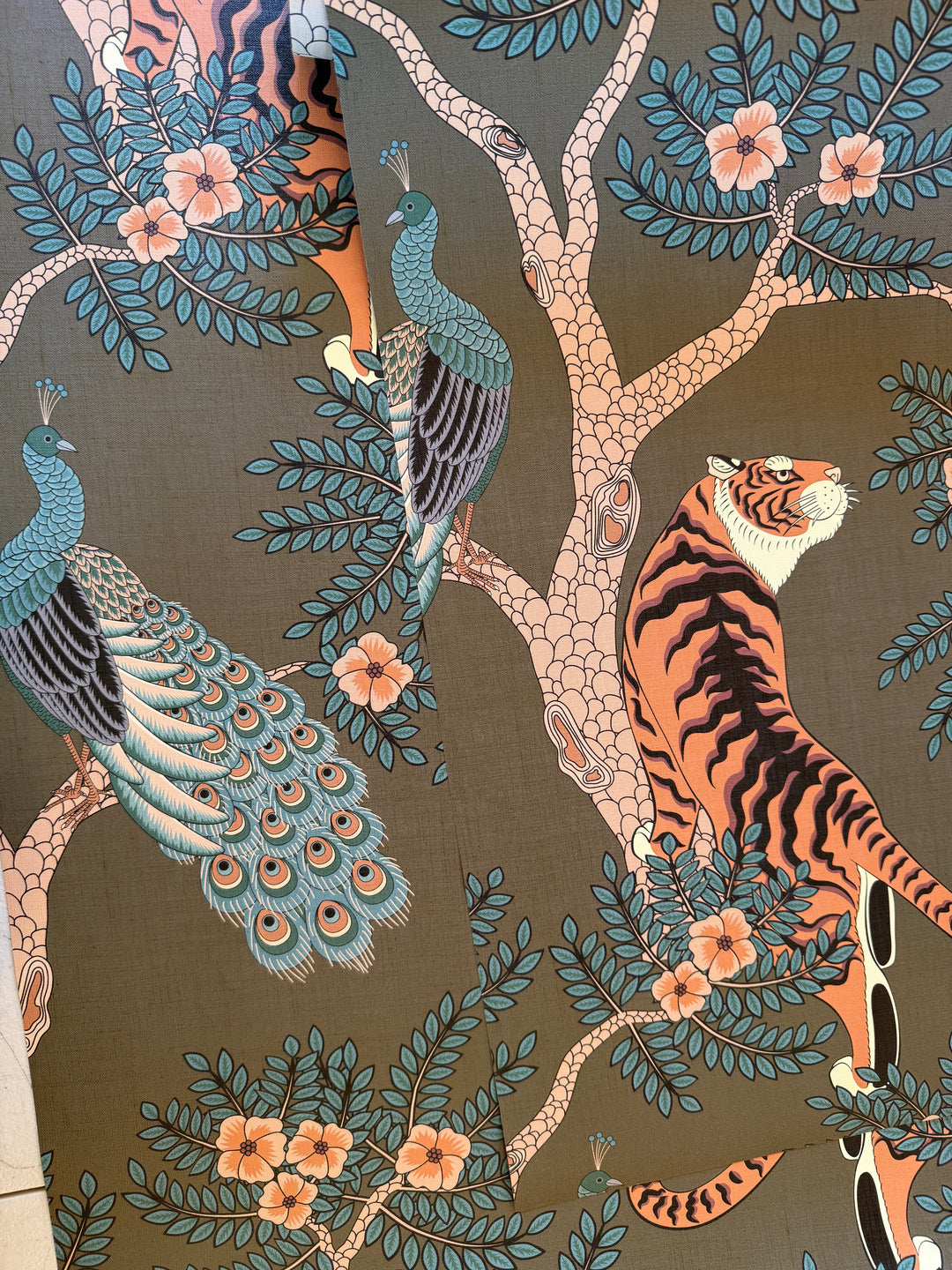 Tiger and Peacock in woods on brown background wallpaper #3184