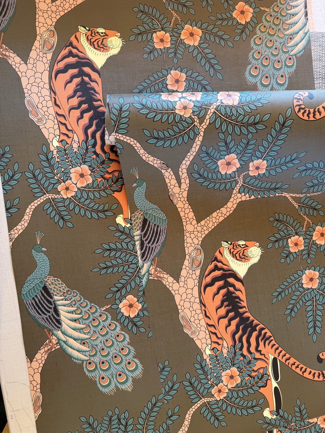 Tiger and Peacock in woods on brown background wallpaper #3184