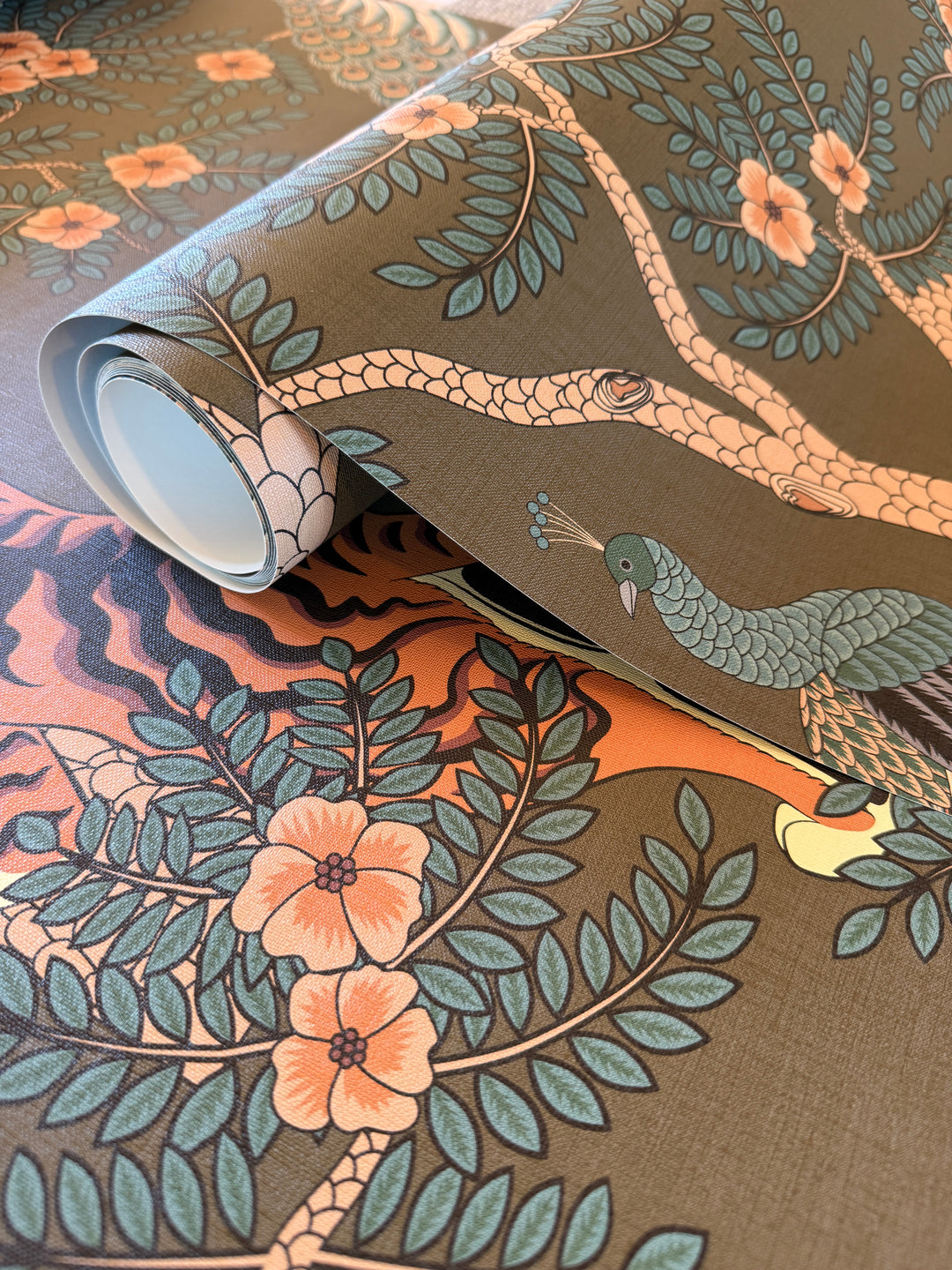 Tiger and Peacock in woods on brown background wallpaper #3184