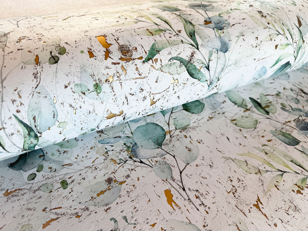 eucalyptus cork wallcovering with soft watercolor foliage, natural cork texture, and gold metallic details 