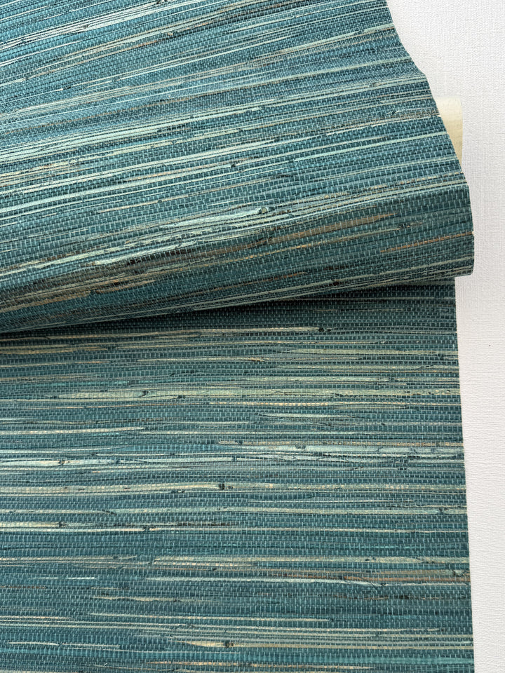 Natural Grasscloth Hemp Wallpaper painted in matte blue-green color 41033