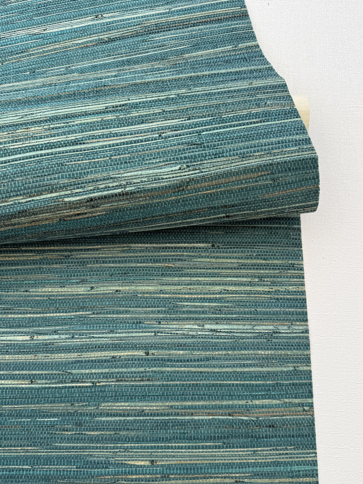 Natural Grasscloth Hemp Wallpaper painted in matte blue-green color 41033