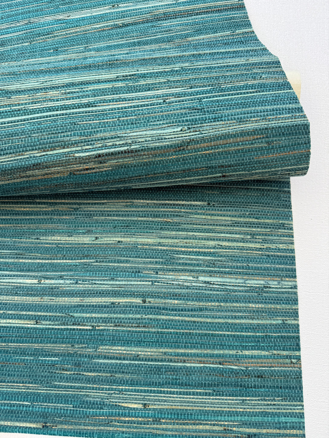 Natural Grasscloth Hemp Wallpaper painted in matte blue-green color 41033