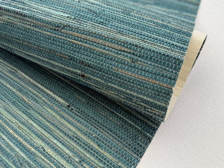 Natural Grasscloth Hemp Wallpaper painted in matte blue-green color 41033