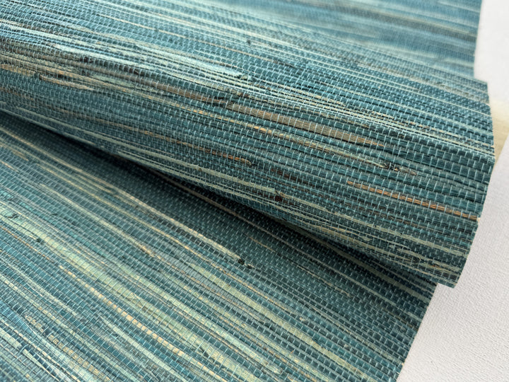 Natural Grasscloth Hemp Wallpaper painted in matte blue-green color 41033